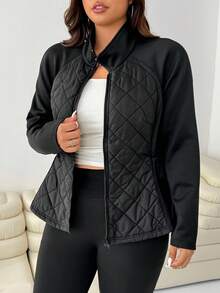 SHEIN EZwear Plus Size Elastic Waist Pockets Patchwork Jacket, Autumn/Winter Fall - Black - View 1