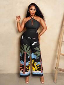 BamGleam SummerHoliday  Vacation Casual Tropical Print Halter Jumpsuit - Black - View 5