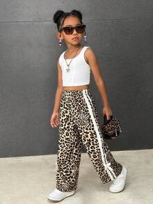 SHEIN 年轻女孩妈妈搭配休闲百搭通勤日常复古美式运动豹纹白色撞色丝带蝴蝶结宽松直筒裤，度假，夏季，旅行 - 彩色 - 查看 8