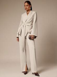 Silquee 女士纯色披肩领长袖优雅西装外套，秋季服装，返校服装，复古风格女性，商务休闲女性，女士办公室服装，外出服装，女士工作服，女士约会夜服装，白色系带西装外套，女士秋季服装 - 卡其色 - 查看 7