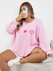 SHEIN CURVE+ 大码休闲花卉贝壳印花宽松圆领长袖运动衫，适合女士、秋季、冬季 - 粉色 - 查看 4