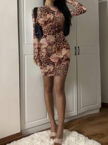Modelyn 女士休闲基本款铅笔裙，性感长袖紧身中长款俱乐部连衣裙 - 彩色 - 查看 5