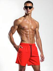 Manfinity KASUA Men's Solid Color Drawstring Waist Pocket Casual Beach Shorts Men Red Swim Trunks Men Swim Shorts Men Red Swim Shorts - Red - View 3