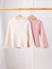 SHEIN Modischer einfarbiger Stehkragen Lässig Langarm Pullover für Kleine Mädchen, Gerippter Pullover für Mädchen, Rüschen-Kragen Pullover gestrickt, Winterkleidung Herbst - Pink - Übersicht 2