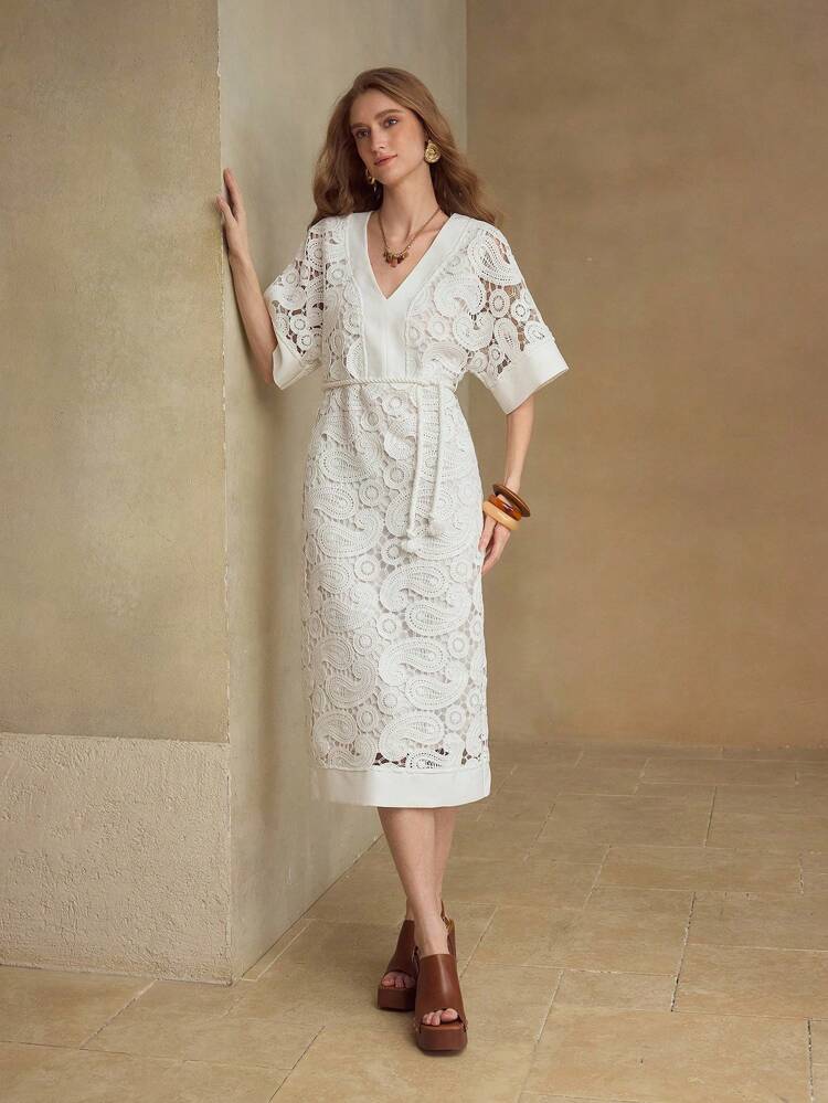 PAISLEY GUIPURE LACE BELTED MIDI DRESS