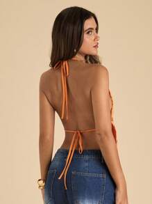 SHEIN BAE 女士性感亮片刺绣露背吊带上衣，夏季 - 橘色 - 查看 2