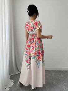 Rafferiza 优雅女士长款印花交叉前襟束腰无袖连衣裙，春夏