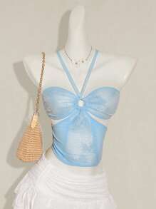 SHEIN ICON Women's Blue Lace, Sequin & Mesh Splice Front Circular Ring Tie Ruched Hollow Slim Sexy Camisole For Summer - Blue - View 10