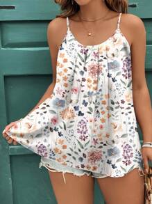 EMERY ROSE Women's Plus Boho Floral Cami Top With Ruffle Hem And Spaghetti Straps, Summer Tops For Women, Floral Summer Top,Holiday - Multicolor - View 1