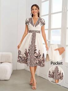 Ellevyn 女士优雅 V 领收腰修身喇叭中长连衣裙，花卉印花，秋季时尚新品，适合日常通勤和多种场合 - 彩色 - 查看 2