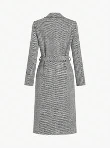 Ellevyn 女士优雅长袖中长款灰色外套，适合秋冬日常穿着，长款格纹/人字纹大衣 - 黑與白 - 查看 10