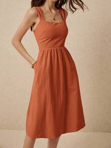 Poéselle 女式纯色褶皱休闲连衣裙 - 摩卡棕 - 查看 2