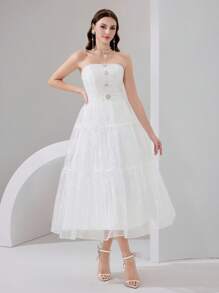 Poshira Robe de soirée élégante et bustier pour femme avec décoration de strass