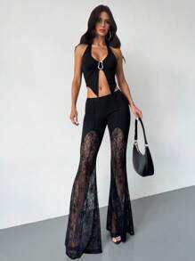 Firerie Pantalones de gasa ajustados y acampanados con parches de encaje elegantes, sexys y de cintura baja para vacaciones, graduación, festival de música y ciudad, verano