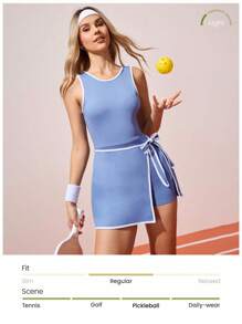 CourtClass 女式无袖不对称下摆系腰运动连衣裙 - 淺藍色 - 查看 7