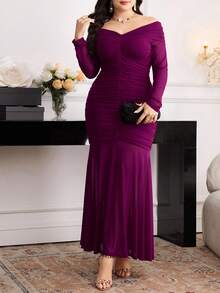 Modelyn Plus Size Elegant Solid Color Off Shoulder Fishtail Dress