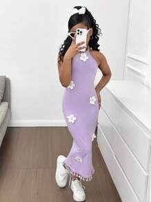 SHEIN Tween Girl Elegant Floral Print Halter Neck Snug Fit Vacation Dress - Mauve Purple - View 6