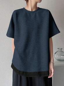 FRIFUL Camiseta de manga corta con cuello redondo, holgada, de material de vacaciones, con parches de colores contrastantes y bajo asimétrico, para uso casual en verano - Azul Marino - Ver 5