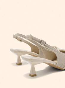 CUCCOO BASICS Giày cao gót hở mũi, đế kitten heel, mũi nhọn, thân trên dệt kim màu mơ, thoải mái, thoáng khí, phù hợp đi làm và đi chơi hàng ngày - Màu be - Xem 5