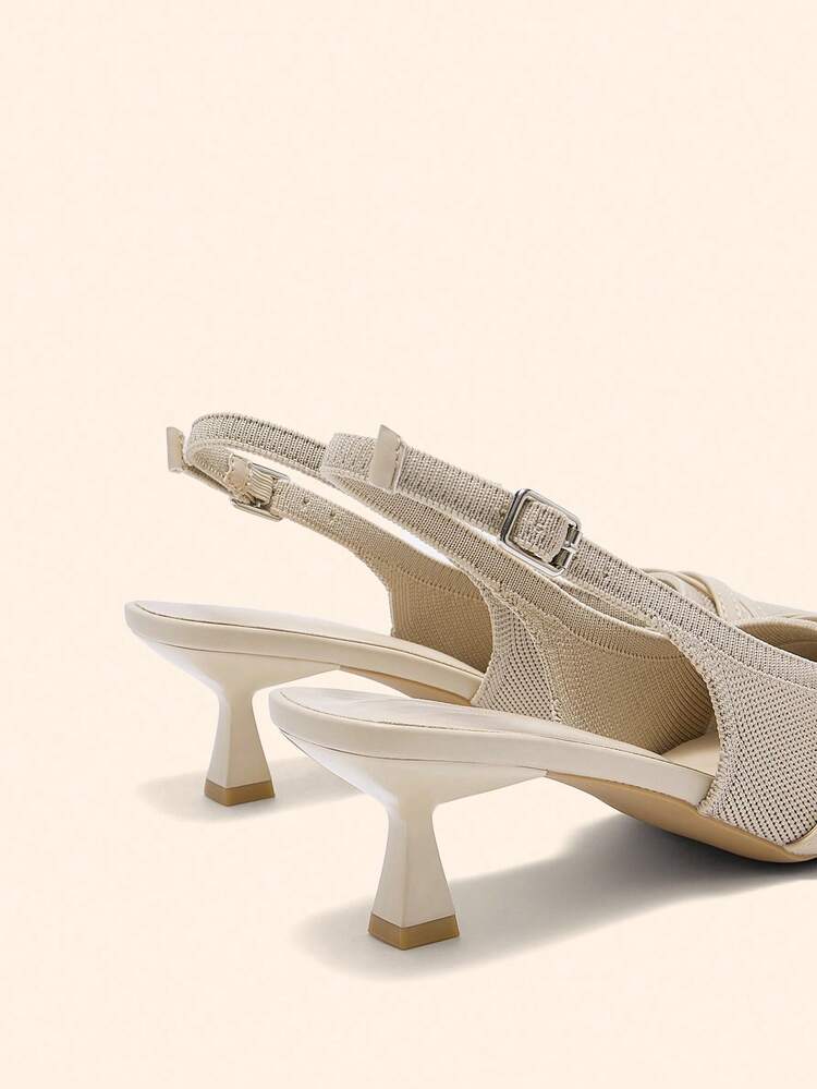 CUCCOO BASICS Women's Pointed Toe Kitten Heel Slingback Pumps, Apricot Knit Upper, Comfortable Breathable Elegant Commute & Daily Wear High Heel Mule Shoes For Christmas Spring Shoes