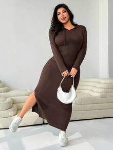 Solflare Váy len dệt kim dáng ôm tay dài có dây rút có mũ trùm đầu cỡ lớn dành cho nữ, mùa thu/đông, mùa thu, trở lại trường - màu nâu - Xem 4