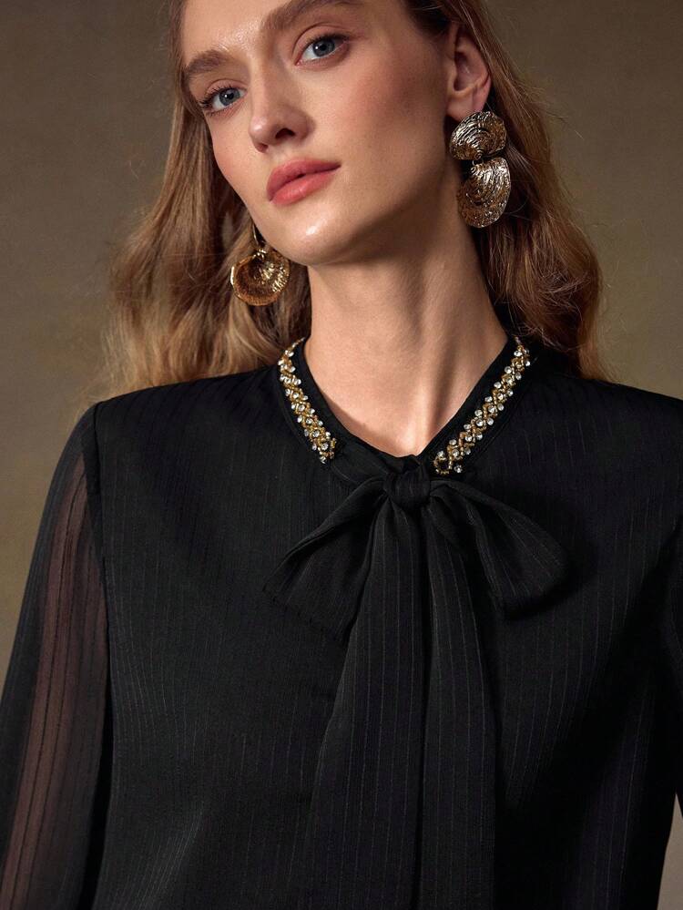 TEXTURED FABRIC SHIRT WITH RHINESTONE AND BEADED TIE NECK , BLACK