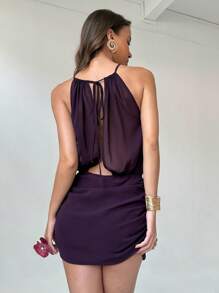 Aloruh Damen elegantes einfarbiges Neckholder-Minikleid, Sommer - Babyblau - Übersicht 3