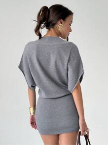 Aloruh Solid Batwing Sleeve Sweater Dress - Grey - View 3