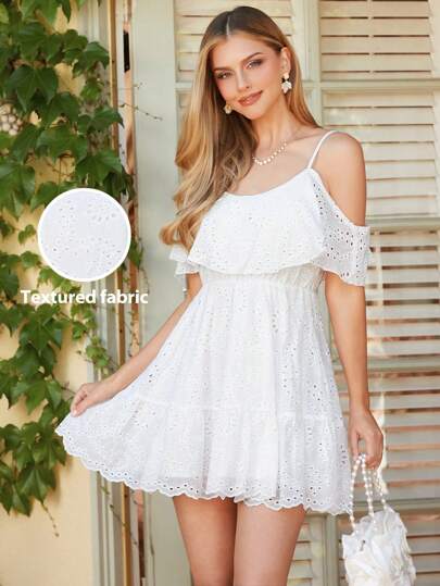 Amorya 优雅女士白色纯色刺绣荷叶摆领吊带收腰 A 字裙，春夏连衣裙，适合各种场合穿着