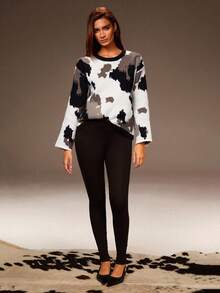 Athîral 女士撞色圆领落肩长袖宽松休闲毛衣 牛纹毛衣女 女式牛纹套头衫 女式牛纹套头衫 女式套头衫 女式套头衫 秋冬 - 彩色 - 查看 4