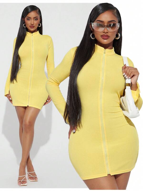 SHEIN SXY Rochie mini simplă Y2K Street Fashion cu mânecă lungă și fermoar în față, galben pal