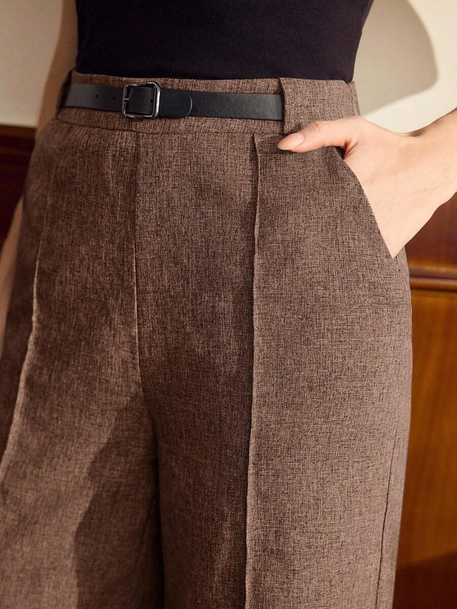 Vintamour 复古经典优雅女裤春夏修身腰裤灰色直筒裤带口袋 - 棕色 - 查看 1