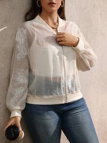 EMERY ROSE 加大码女式长袖落肩透视飞行员夹克，轻盈刺绣夹克，秋季女士休闲日常穿着秋冬服装 - 杏色 - 查看 5