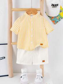 SHEIN 2pcs Young Boys Casual Comfortable Versatile Striped Stand Collar Short Sleeve Shirt And Shorts Set - Yellow - View 5
