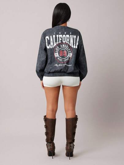 Radiana Women's Black Washed Casual Street Style Oversized Baseball Jacket, Water-Washed Bomber Jacket, Versatile Outerwear For Autumn/Winter