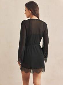 Charlaine 4 pièces Ensemble de lingerie fleuri en tulle & Peignoir ceinturé - Noir - Voir 2