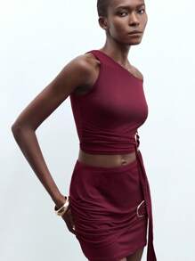 Maija Women Red Summer Outfit Oblique Shoulder Metal Buckle Tie-Front Fitted Crop Top And Elastic Waist Metal Buckle Elegant Music Festival Holiday Party Two Pieces Skirt Set - Red - View 5