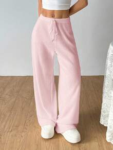 SHEIN EZwear Women's Casual Versatile Solid Color Ribbed Wide Leg Pants,Fall Comfy Pants Lounge Pants Pink Sweatpants