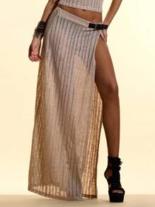 MUSERA Low Rise Textured Knit Belted Straight Fit Maxi Skirt Only Summer Ibiza Boho Vacation Holiday Festival Sexy Club Rave Aftershow Beach Y2k - Khaki - View 1