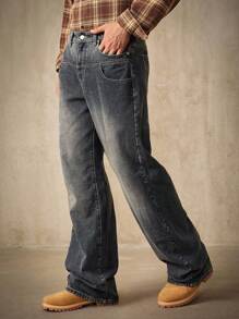 Manfinity Homme Jeans de mezclilla lavada azul grisácea de corte holgado, primavera/verano - Azul lavado medio - Ver 6
