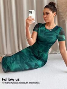 Lavishia Green Floral Print Round Neck Short Sleeve Women Dress Women Elegant Dresses Women Dresses Green