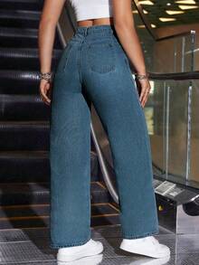 SHEIN ICON Jeans rectos de cintura alta lavados de manera casual - Azul - Ver 2