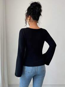Elenzga Sweater Lengan Lonceng Warna Polos Kasual untuk Wanita, Pakaian Musim Gugur dan Musim Dingin untuk Wanita - Hitam - View 2