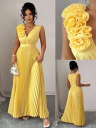 Elenzga Halloween Plus Size Sexy Cream Yellow Floral 3D Pleated A-Line V-Neck Dress, Elegant & Refined