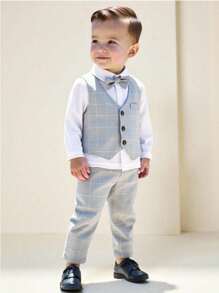 3 件套幼儿男童优雅舒适绅士服装套装，包括格子单排扣背心、松紧腰裤和蝴蝶结（不含衬衫），适合春秋季节、日常、户外、学校、派对、活动和拍照、男婴服装、男婴西装、男婴正装、婴儿洗礼服装、婴儿正式场合绅士服装 - 彩色 - 查看 1