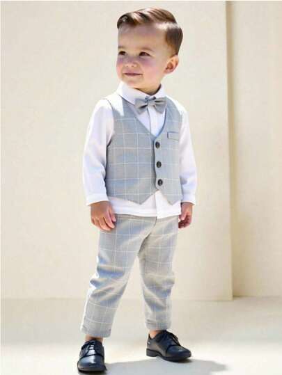 3 delar elegant och bekväm herroutfit för småbarnspojkar, inklusive rutig enkelknäppt väst, byxor med resår i midjan och rosett (skjorta ingår ej), lämplig för vår/höst, dagligen, utomhus, skola, fest, evenemang och fotograferingar, babykläder för pojkar, babykostym för pojkar, babydopoutfit, babyklädsel för formella tillfällen