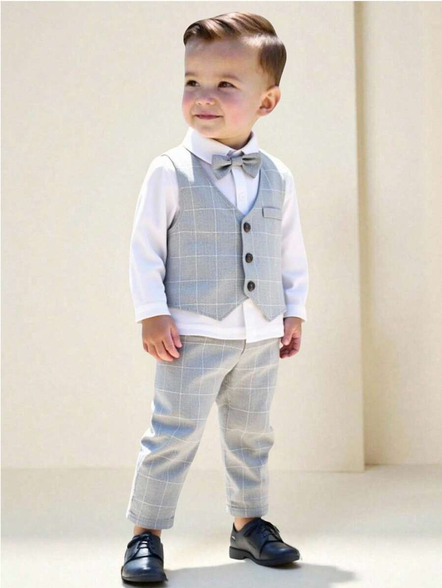 3 件套幼儿男童优雅舒适绅士服装套装，包括格子单排扣背心、松紧腰裤和蝴蝶结（不含衬衫），适合春秋季节、日常、户外、学校、派对、活动和拍照、男婴服装、男婴西装、男婴正装、婴儿洗礼服装、婴儿正式场合绅士服装 - 彩色 - 查看 1