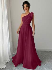 Modelyn French Retro Fairy-Like Shoulder Dress - Burgundy - View 6