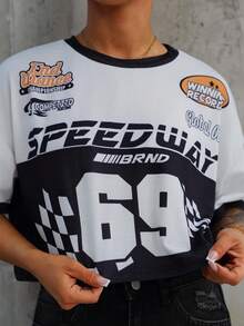 SAYEHFBABY Women's Letter Print Round Neck Drop Shoulder Short Sleeve Casual Black & White Racing T-Shirt - Black and White - View 3