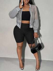 SHEIN SXY Mesh Sheer Sleeve Patchwork Cropped Jacket In Fall/Winter - Grey - View 3